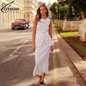 Oymimi Elegant White Cotton Long Skirt Set