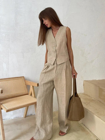 Wolfeel Womem Linen Cotton Chic Vest ＆ Pants Suit Two-Piece Set Office Ladies Summer Chic 2 Piece Sets Womens Outfits