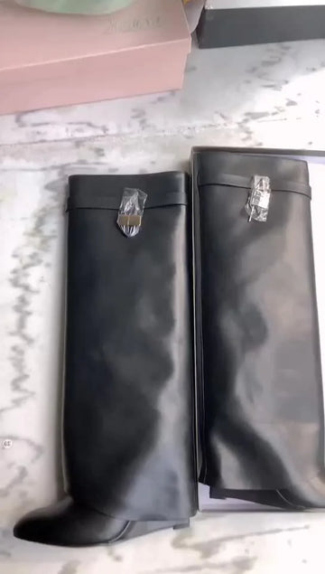 Edgy Wedge Pants Boots with Metal Lock Detail