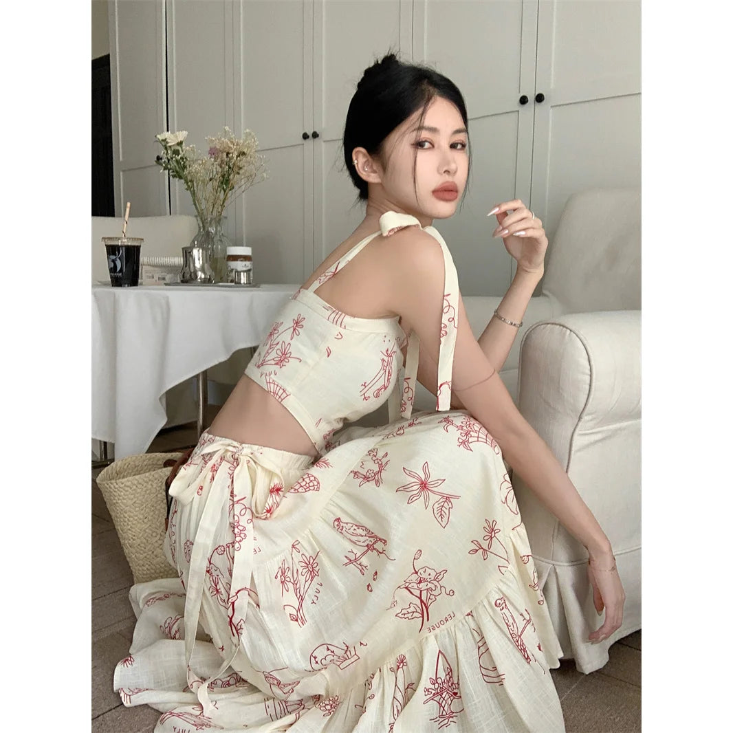 Dress Set Women Two Pieces High Waist Midi Skirt Tank Zipper Pleated Crop Top Korean-style Hotsweet Girls Slimfloral Cozy Summer