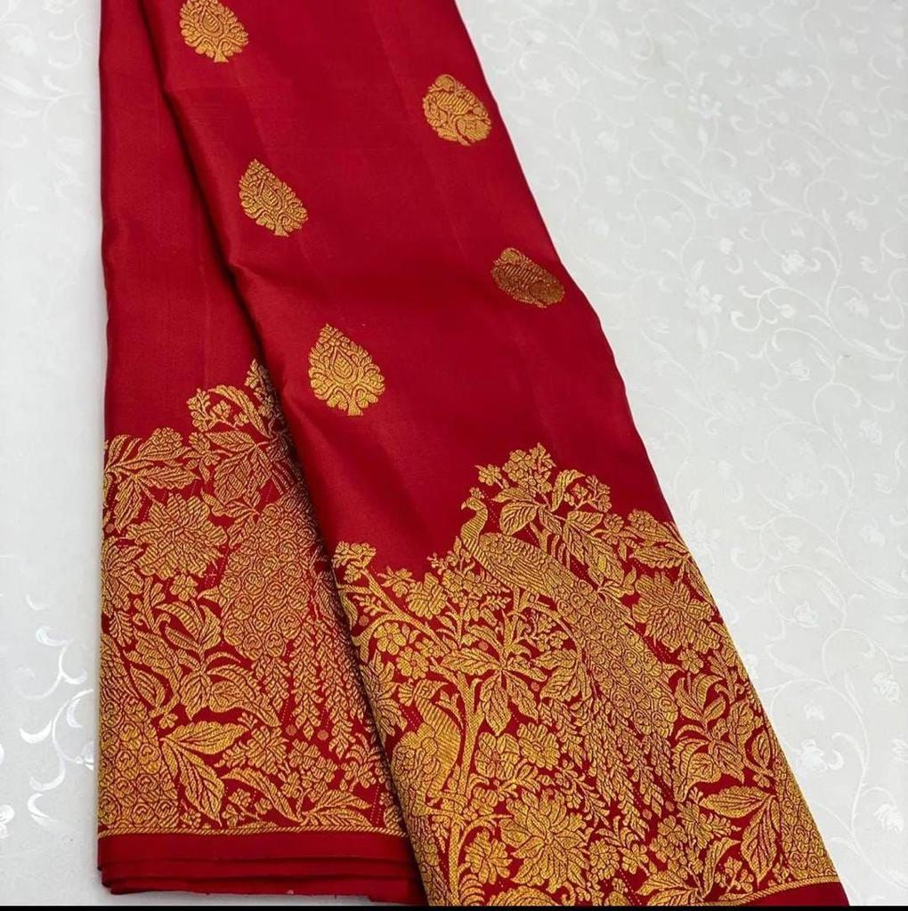 Gossamer Red Soft Banarasi Silk Saree With Chatoyant Blouse Piece