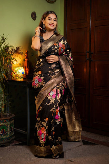 Charming Black Soft Banarasi Silk Saree With Hypnotic Blouse Piece