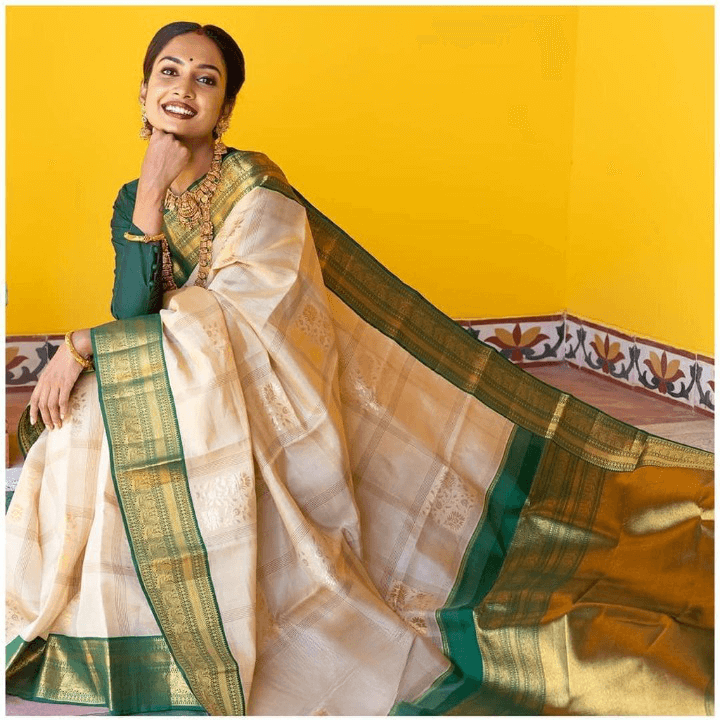 Stunning White Soft Banarasi Silk Saree With Gorgeous Blouse Piece