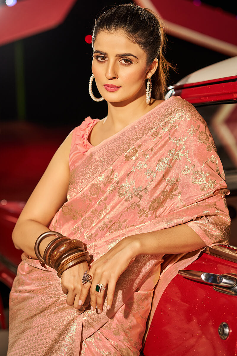 Skinny Peach Soft Banarasi Silk Saree With Sophisticated Blouse Piece