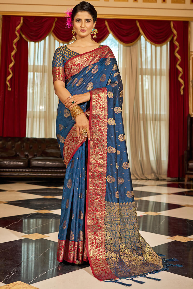 Bucolic Navy Blue Soft Banarasi Silk Saree With Twirling Blouse Piece