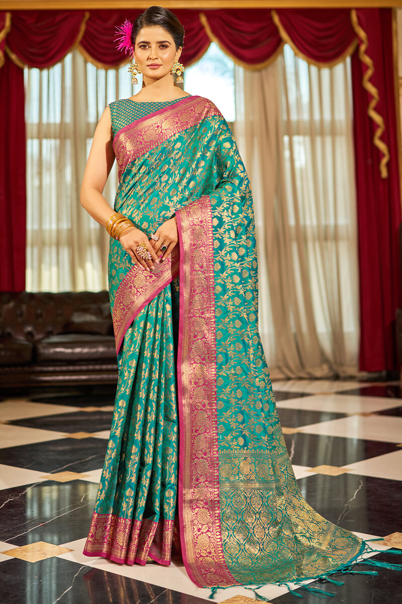 Radiant Rama Soft Banarasi Silk Saree With Beautiful Blouse Piece