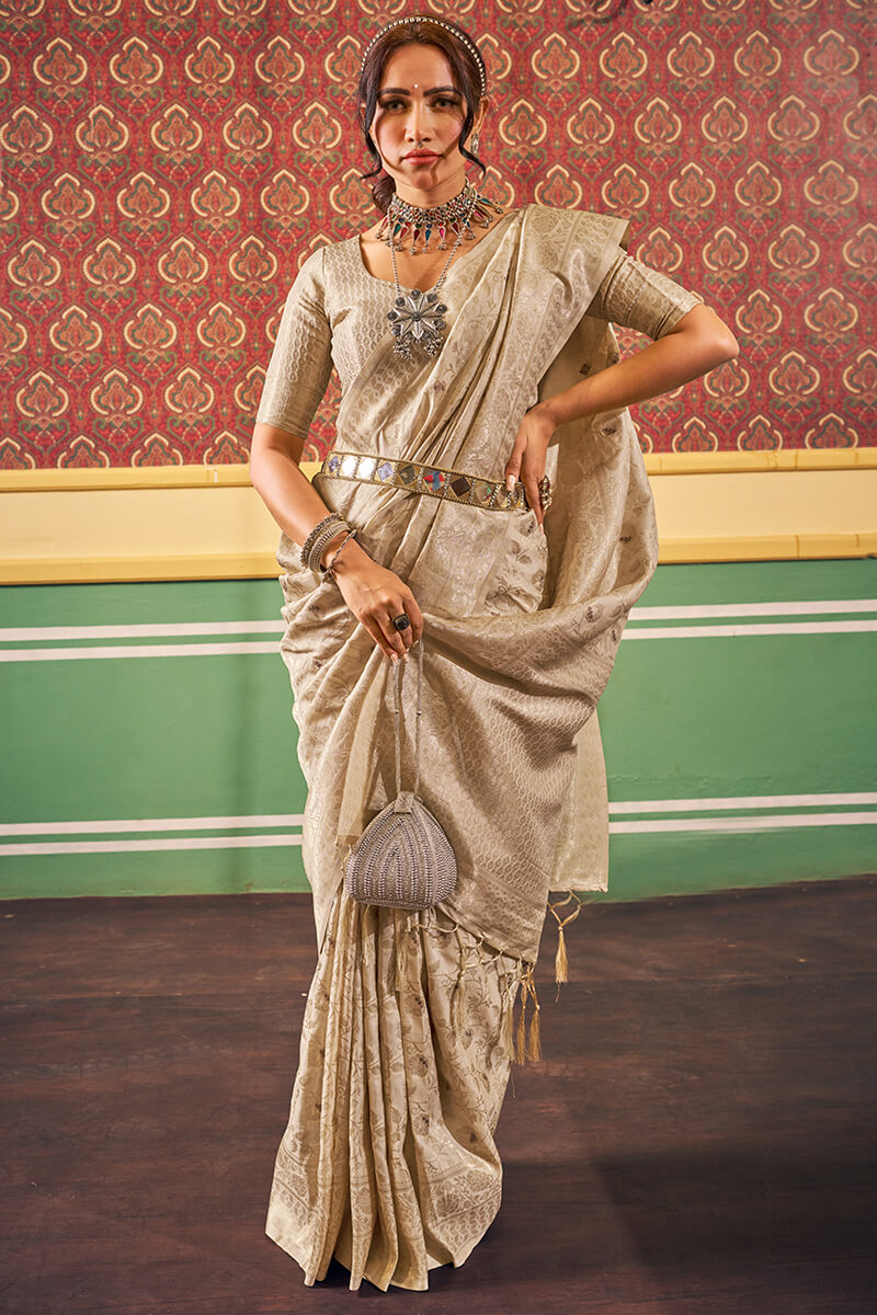 Transcendent Beige Soft Banarasi Silk Saree With Whimsical Blouse Piece