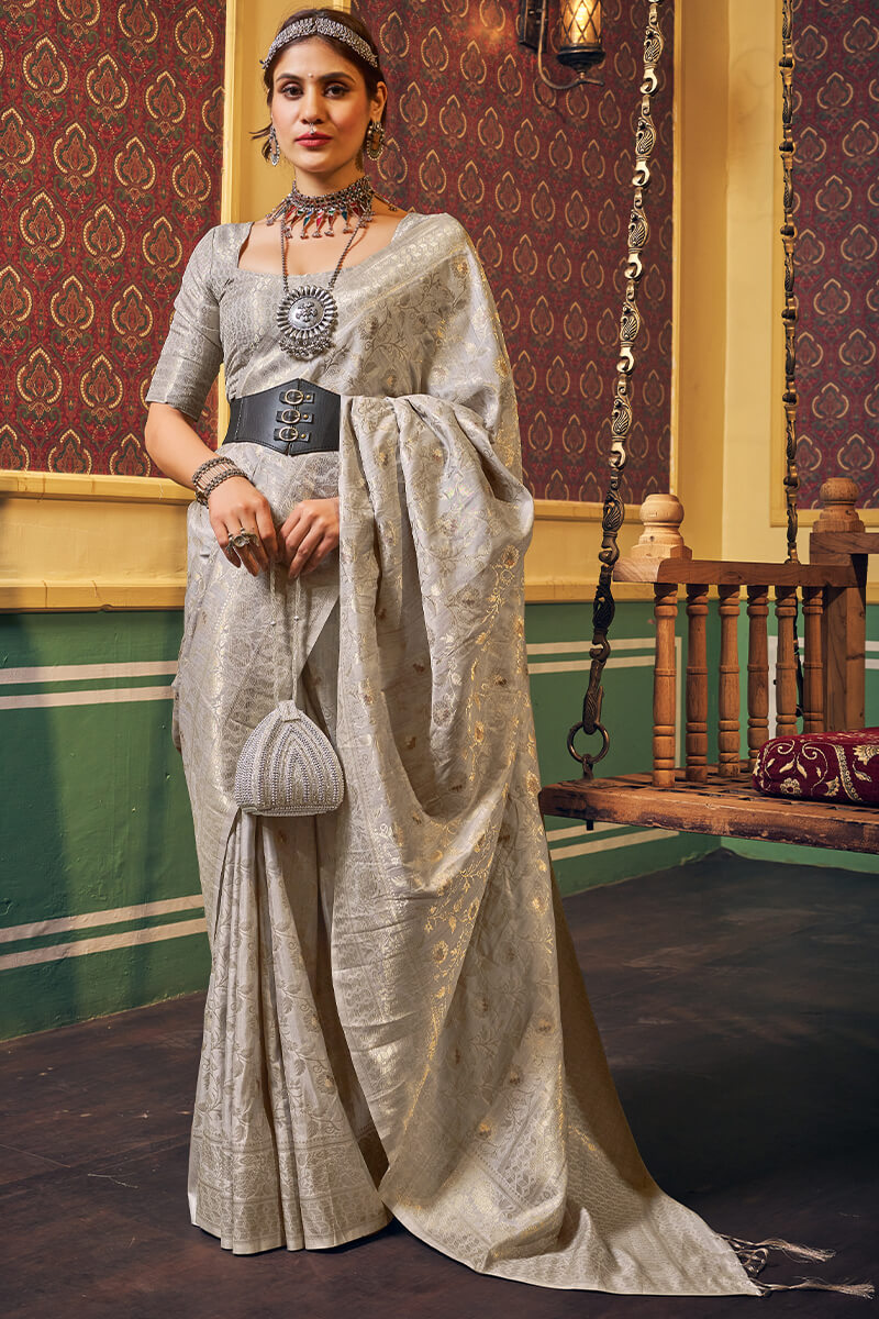 Ravishing Grey Soft Banarasi Silk Saree With Grandiose Blouse Piece