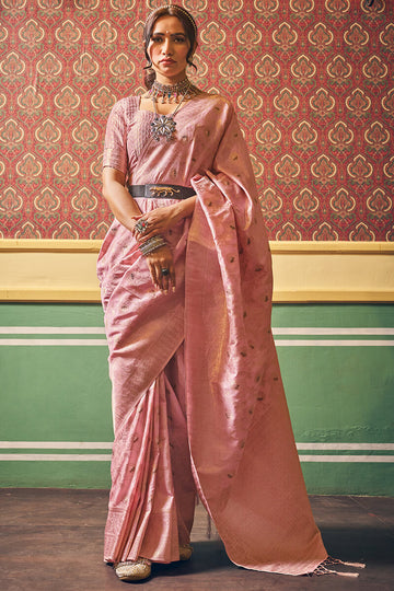 Enamoring Light Pink Soft Banarasi Silk Saree With Jubilant Blouse Piece