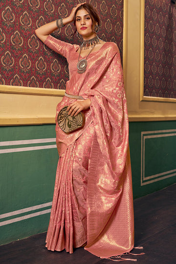 Supernal Peach Soft Banarasi Silk Saree With Fragrant Blouse Piece