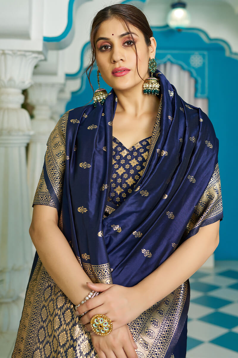 Panoply Navy Blue Banarasi Silk Saree With Staggering Blouse Piece