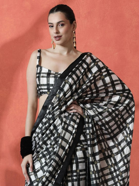 Ready to wear Satin Checked Digital Printed Saree