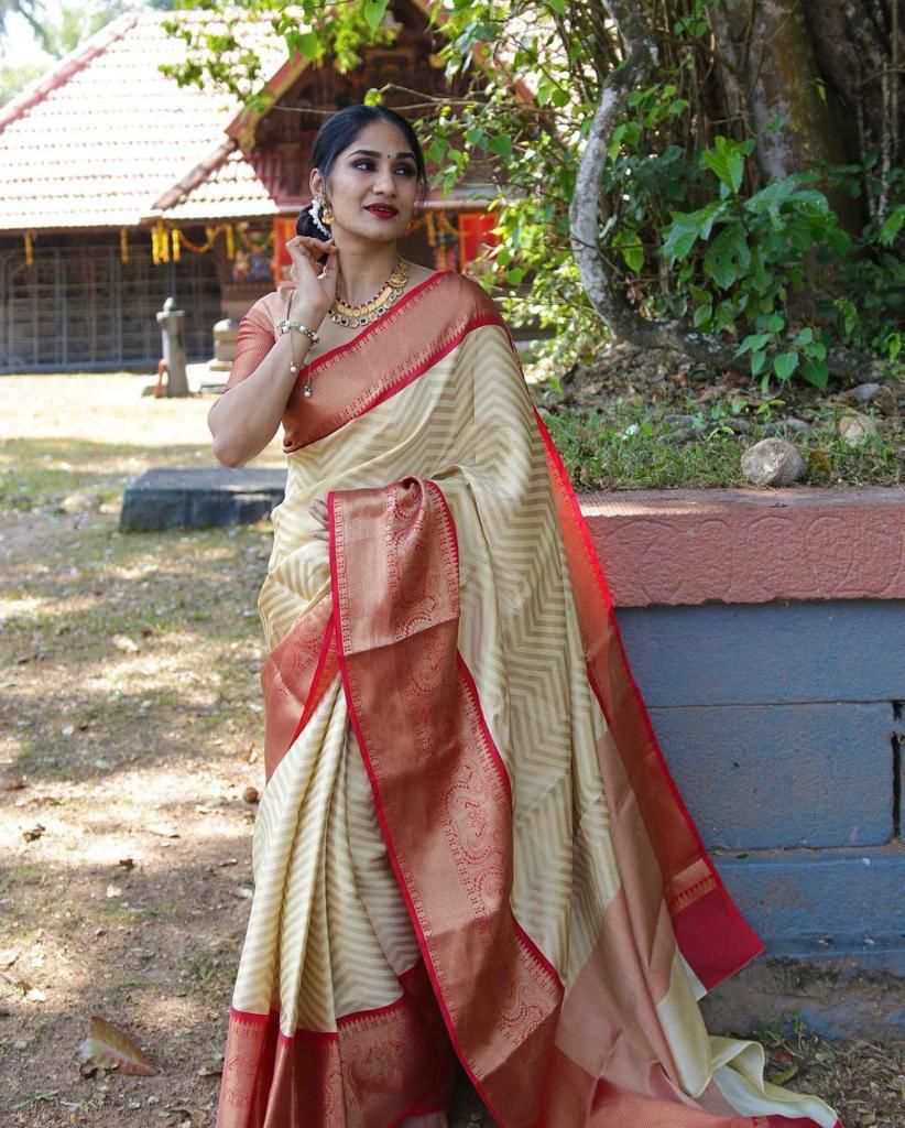 Beauteous Beige Soft Banarasi Silk Saree With Flaunt Blouse Piece