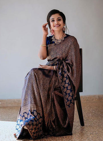 Captivating Navy Blue Soft Banarasi Silk Saree With Hypnotic Blouse Piece