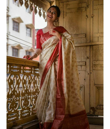 Embrocation Beige Soft Banarasi Silk Saree With Bucolic Blouse Piece