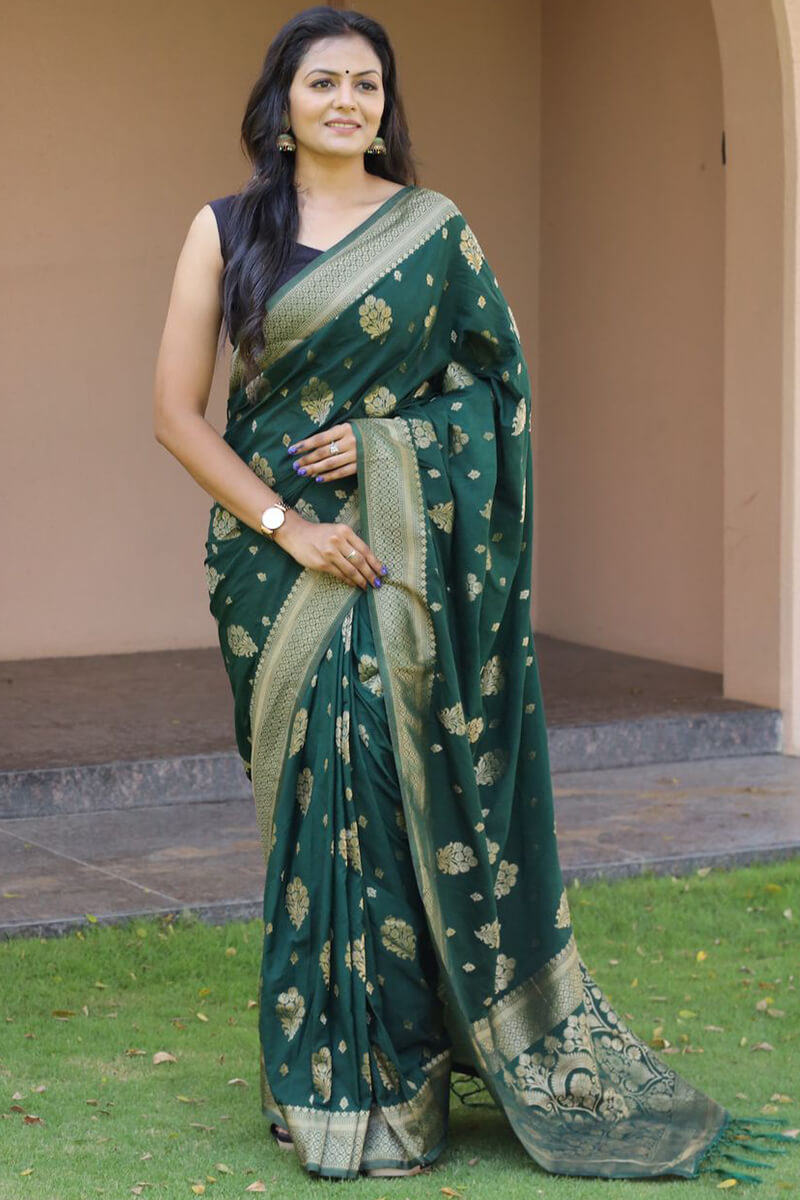 Precious Dark Green Soft Banarasi Silk Saree With Sophisticated Blouse Piece