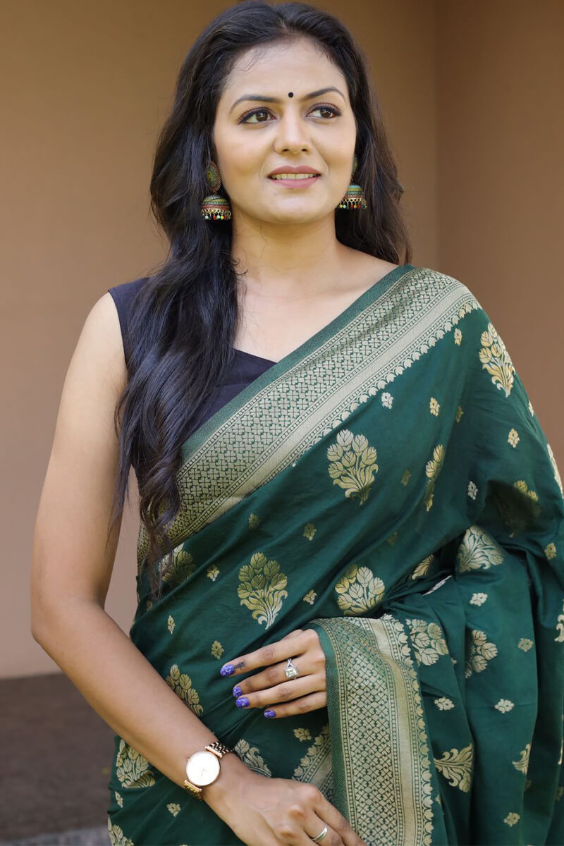 Precious Dark Green Soft Banarasi Silk Saree With Sophisticated Blouse Piece