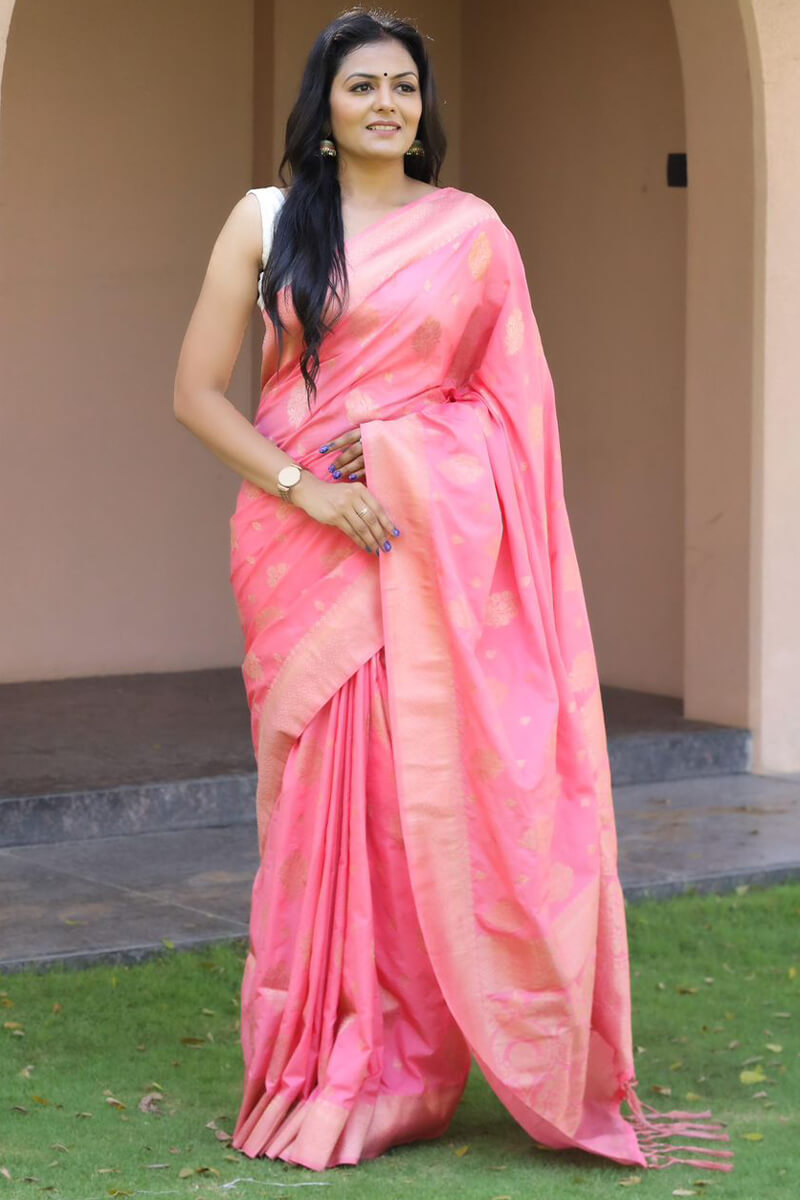 Supernal Pink Soft Silk Banarasi Saree With Alluring Blouse Piece