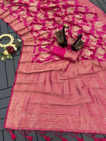 Mesmerising Dark Pink Soft Banarasi Silk Saree With Invaluable Blouse Piece