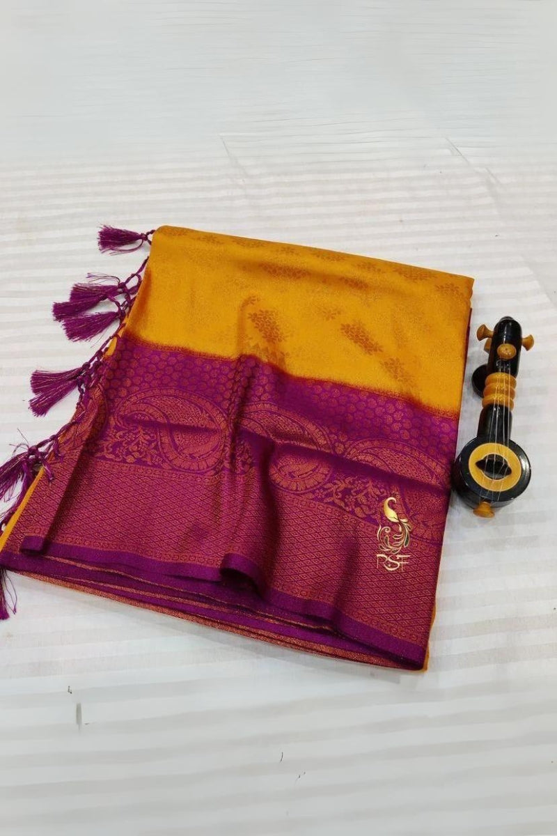 Inspiring Mustard Soft Banarasi Silk Saree With Admirable Blouse Piece