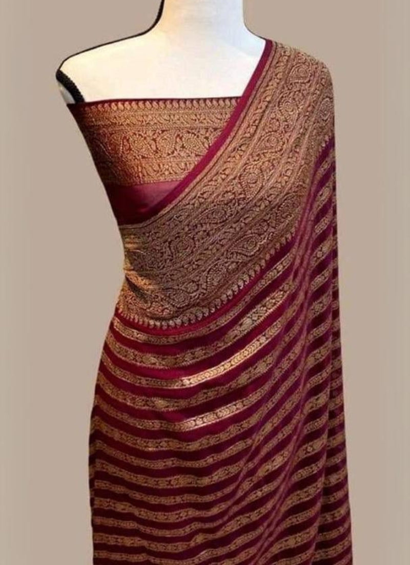 Fantabulous Wine Soft Banarasi Silk Saree With Elaborate Blouse Piece