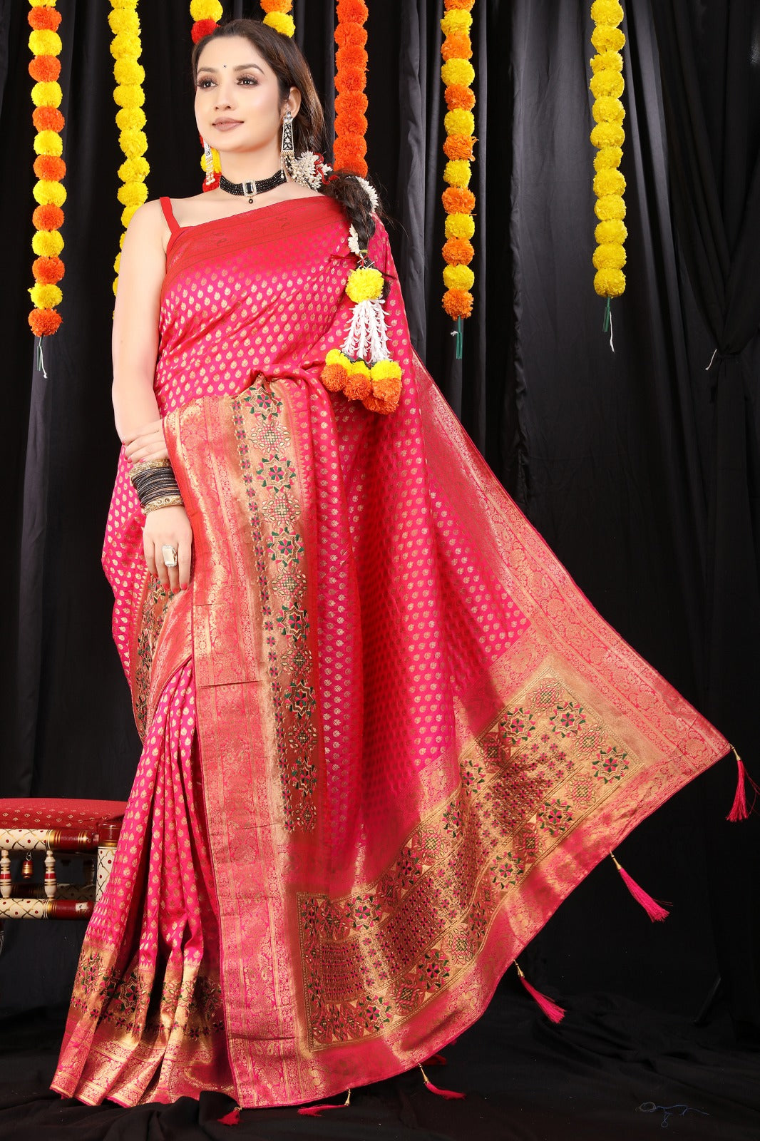 Mesmerising Pink Banarasi Silk Saree With Wonderful Blouse Piece