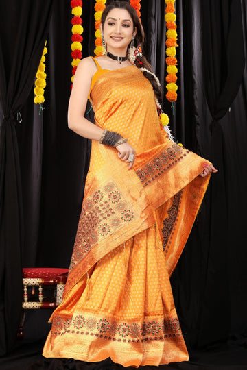 Intricate Yellow Banarasi Silk Saree With Charming  Blouse Piece