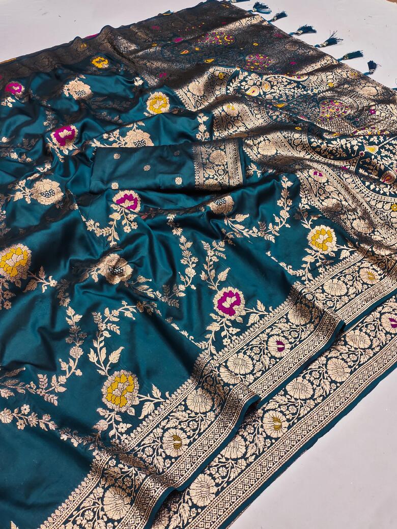 Effulgent Teal Blue Soft Banarasi Silk Saree With Embellished Blouse Piece