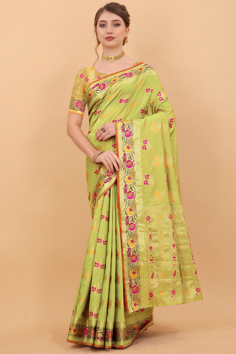 Alluring Parrot Soft Banarasi Silk Saree With Charming Blouse Piece