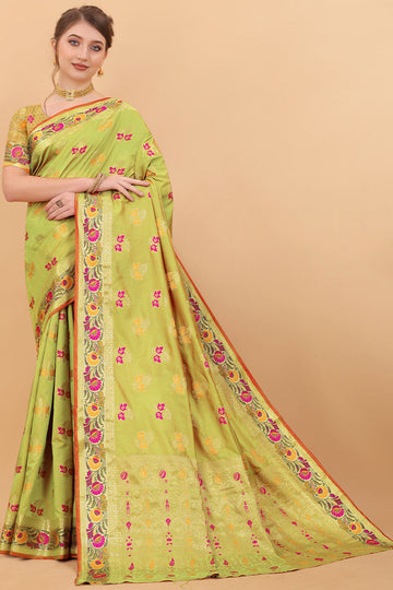 Alluring Parrot Soft Banarasi Silk Saree With Charming Blouse Piece