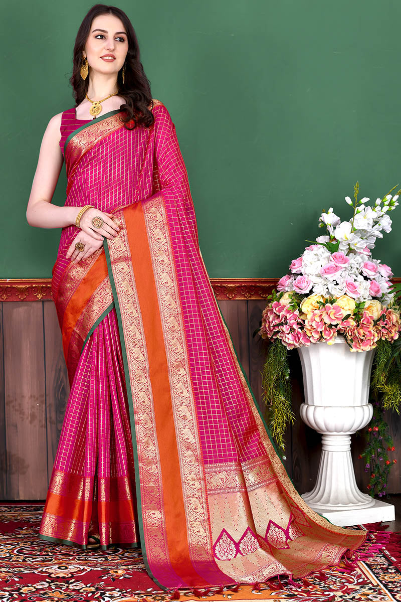 Opulent Dark Pink Soft Banarasi Silk Saree With Jazzy Blouse Piece