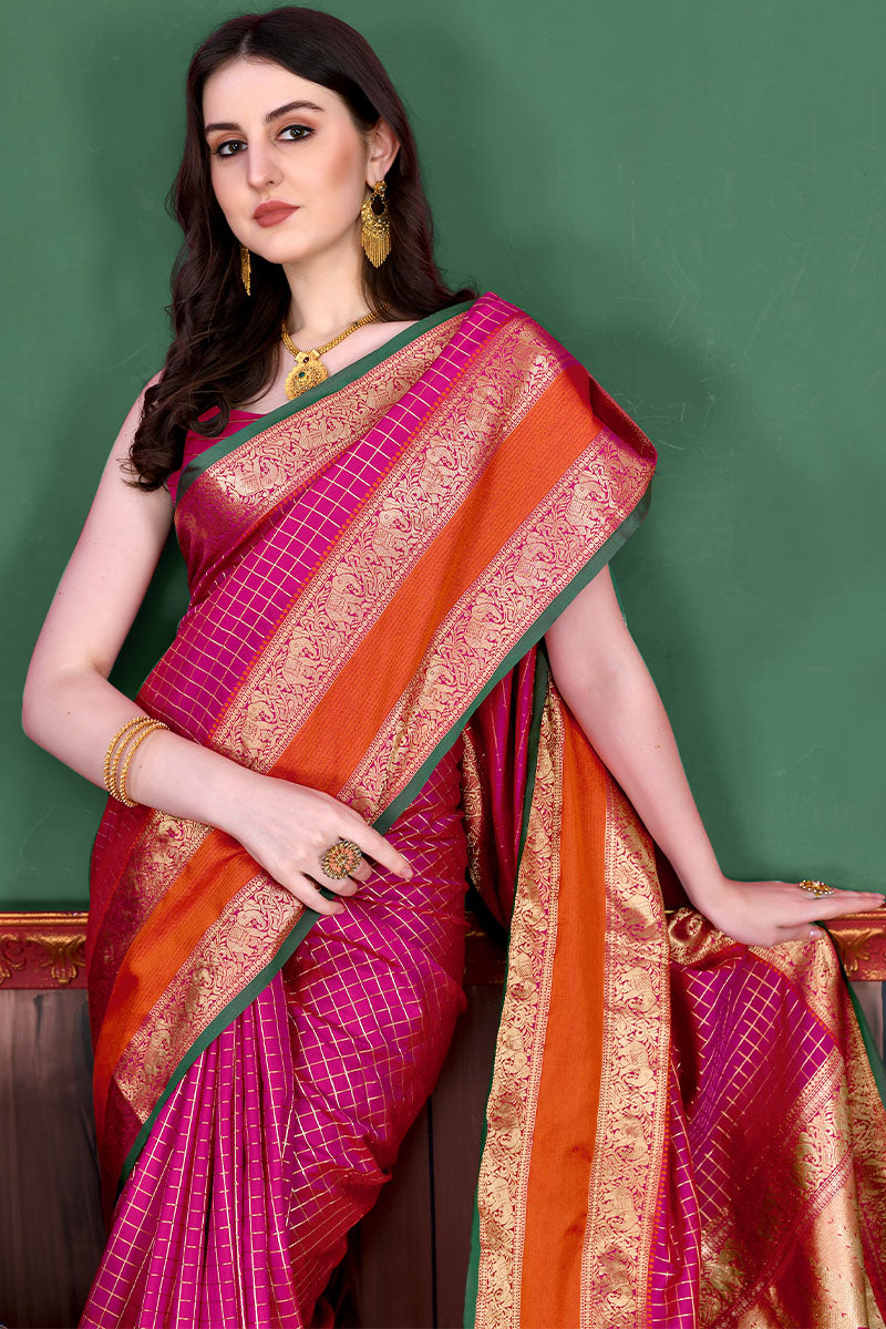 Opulent Dark Pink Soft Banarasi Silk Saree With Jazzy Blouse Piece