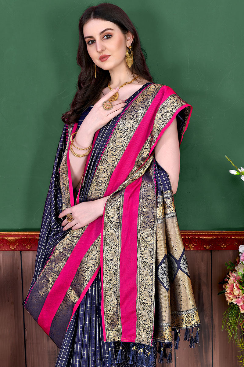 Deserving Navy Blue Soft Banarasi Silk Saree With Breathtaking Blouse Piece