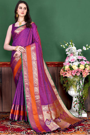 Flamboyant Purple Soft Banarasi Silk Saree With Inspiring Blouse Piece