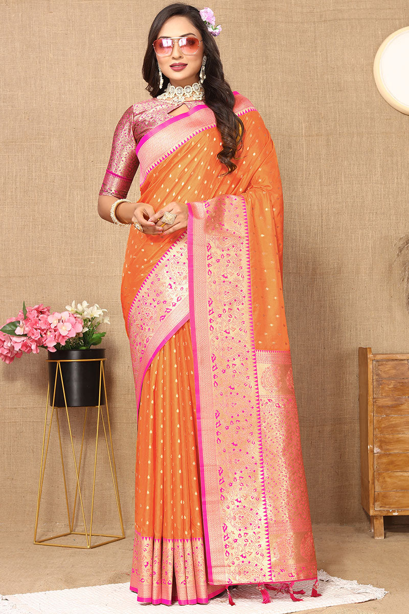 Fairytale Orange Soft Banarasi Silk Saree With Classic Blouse Piece