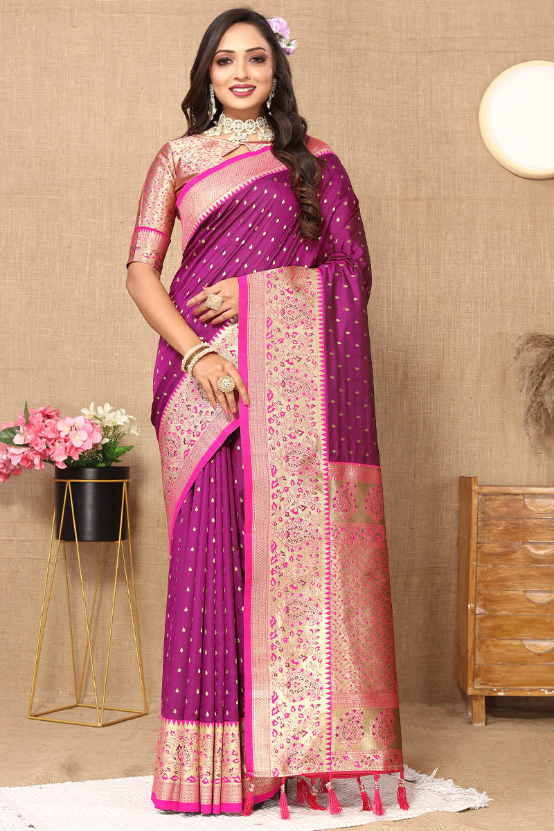 Adorable Purple Soft Banarasi Silk Saree With Hypnotic Blouse Piece