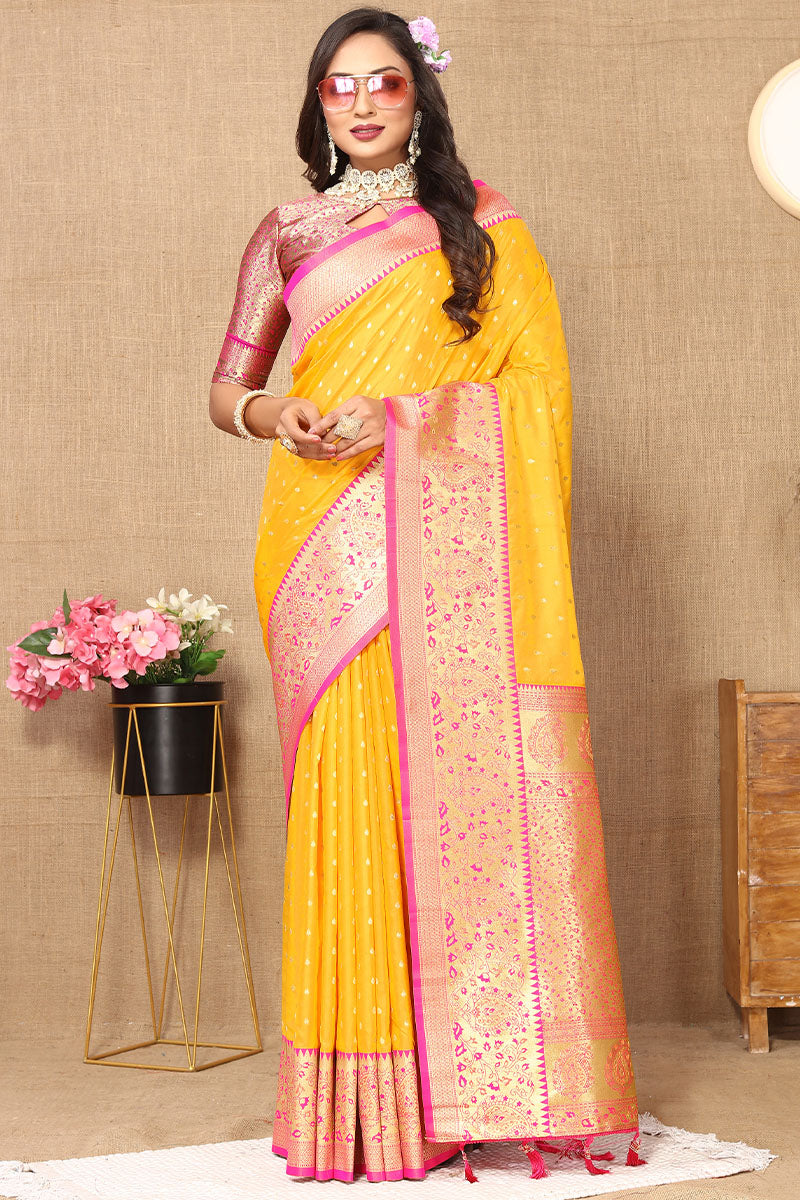 Desuetude Yellow Soft Banarasi Silk Saree With Incredible Blouse Piece