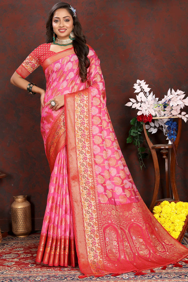 Inimitable Dark Pink Soft Banarasi Silk Saree With Ethereal Blouse Piece