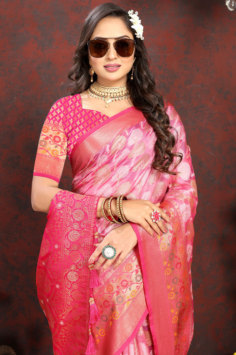 Allure Dark Pink Soft Banarasi Silk Saree With Zephyr  Blouse Piece