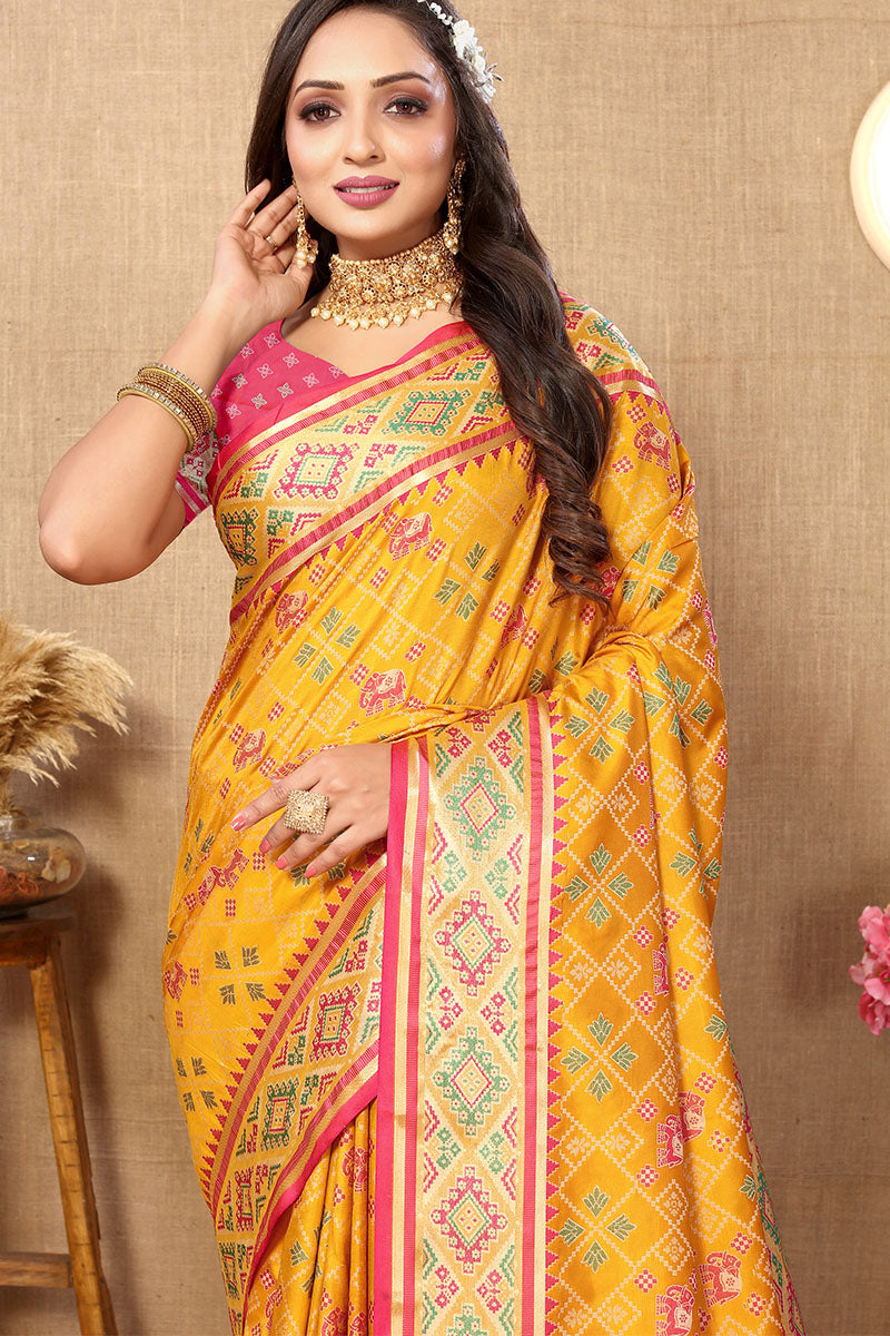 Posh Yellow Soft Banarasi Silk Saree With Ineffable Blouse Piece