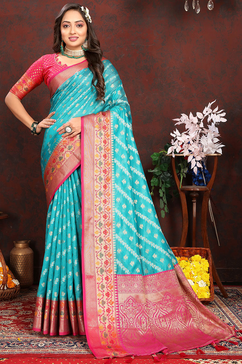 Sophisticated Firozi Soft Banarasi Silk Saree With Phenomenal Blouse Piece