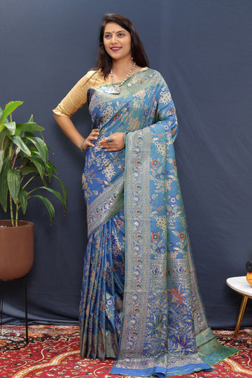 Beauteous Blue Soft Banarasi Silk Saree With Efflorescence Blouse Piece