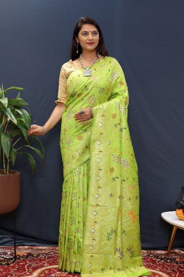 Moiety Parrot Soft Banarasi Silk Saree With Petrichor Blouse Piece