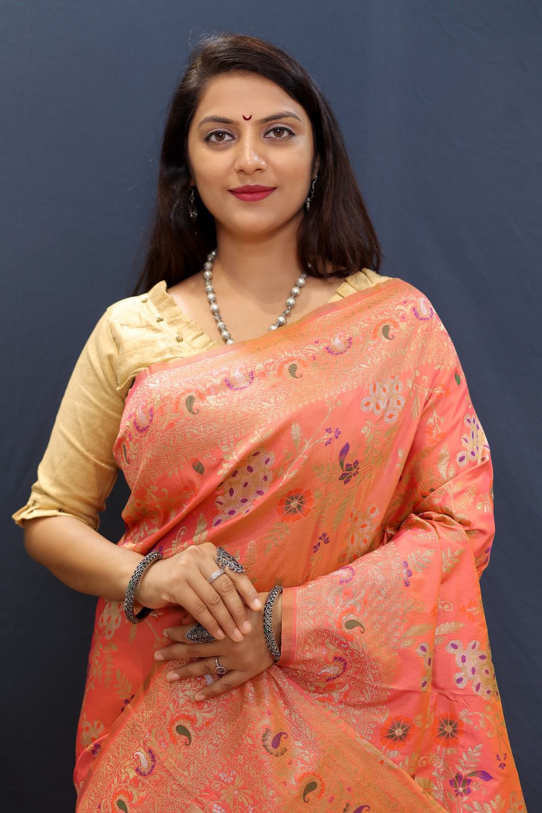 Ratatouille Peach Soft Banarasi Silk Saree With Sempiternal Blouse Piece