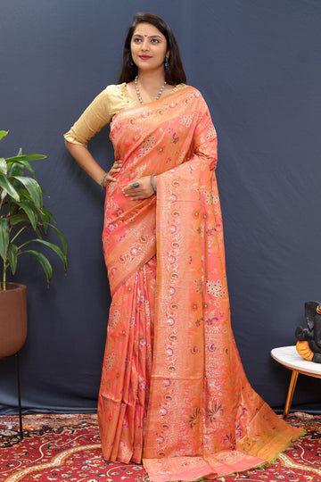 Ratatouille Peach Soft Banarasi Silk Saree With Sempiternal Blouse Piece