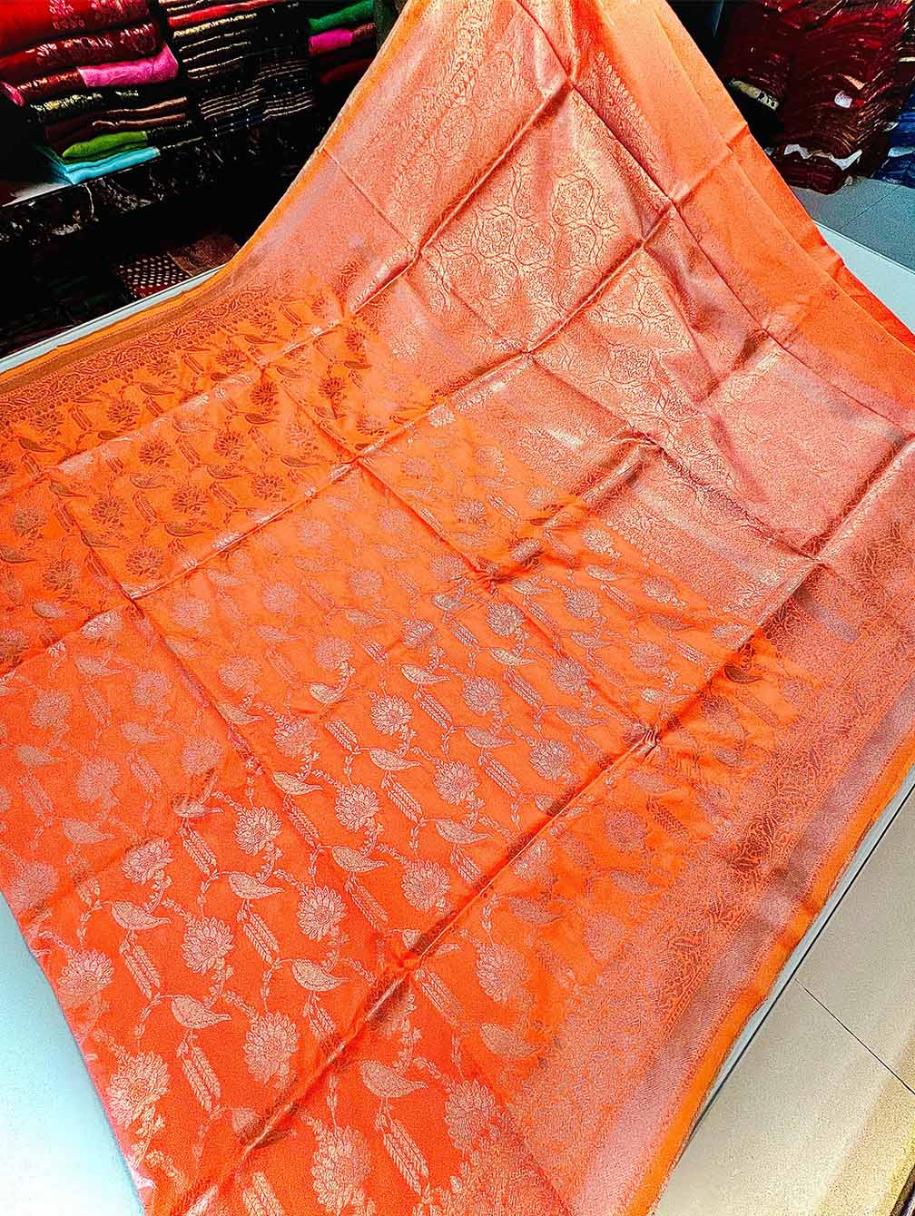 Sophisticated Peach Soft Banarasi Silk Saree With Gleaming Blouse