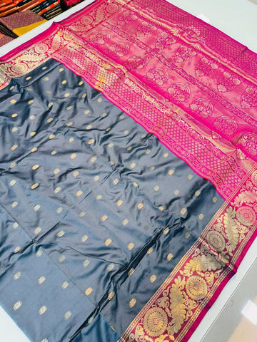 Twirling Grey Soft Banarasi Silk Saree With Most Flattering Blouse