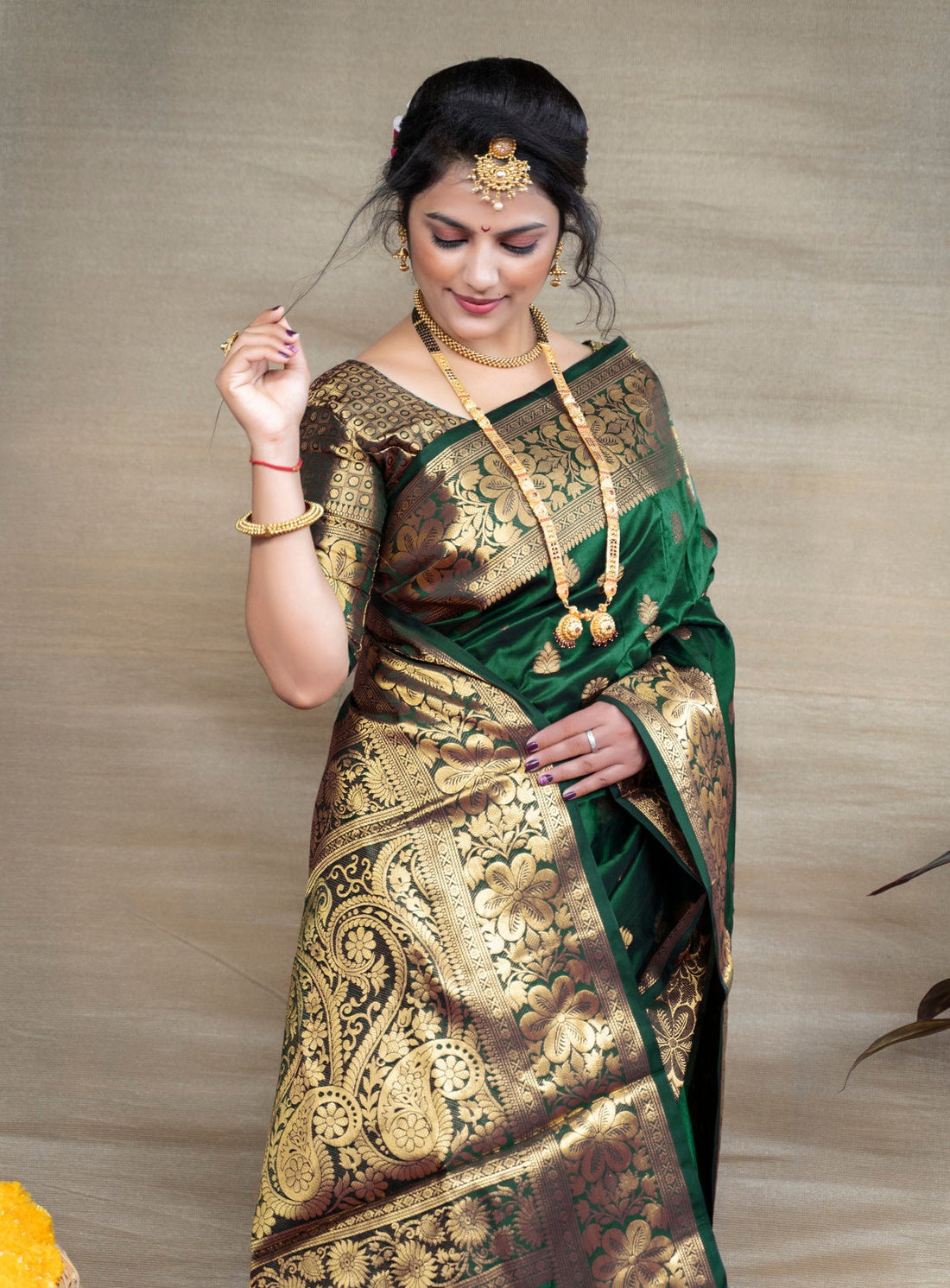 Prettiest Dark Green Banarasi Silk Saree With Assemblage Blouse Piece