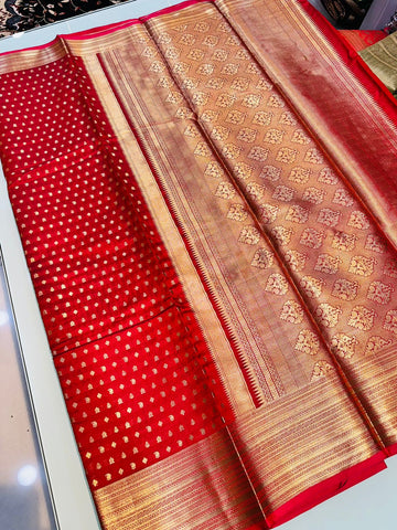 Glamorous Red Soft Banarasi Silk Saree With Ethereal Blouse