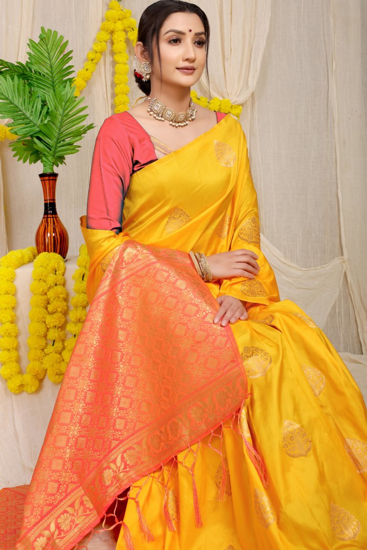 Conflate Yellow Banarasi Silk Saree With Ailurophile Blouse Piece